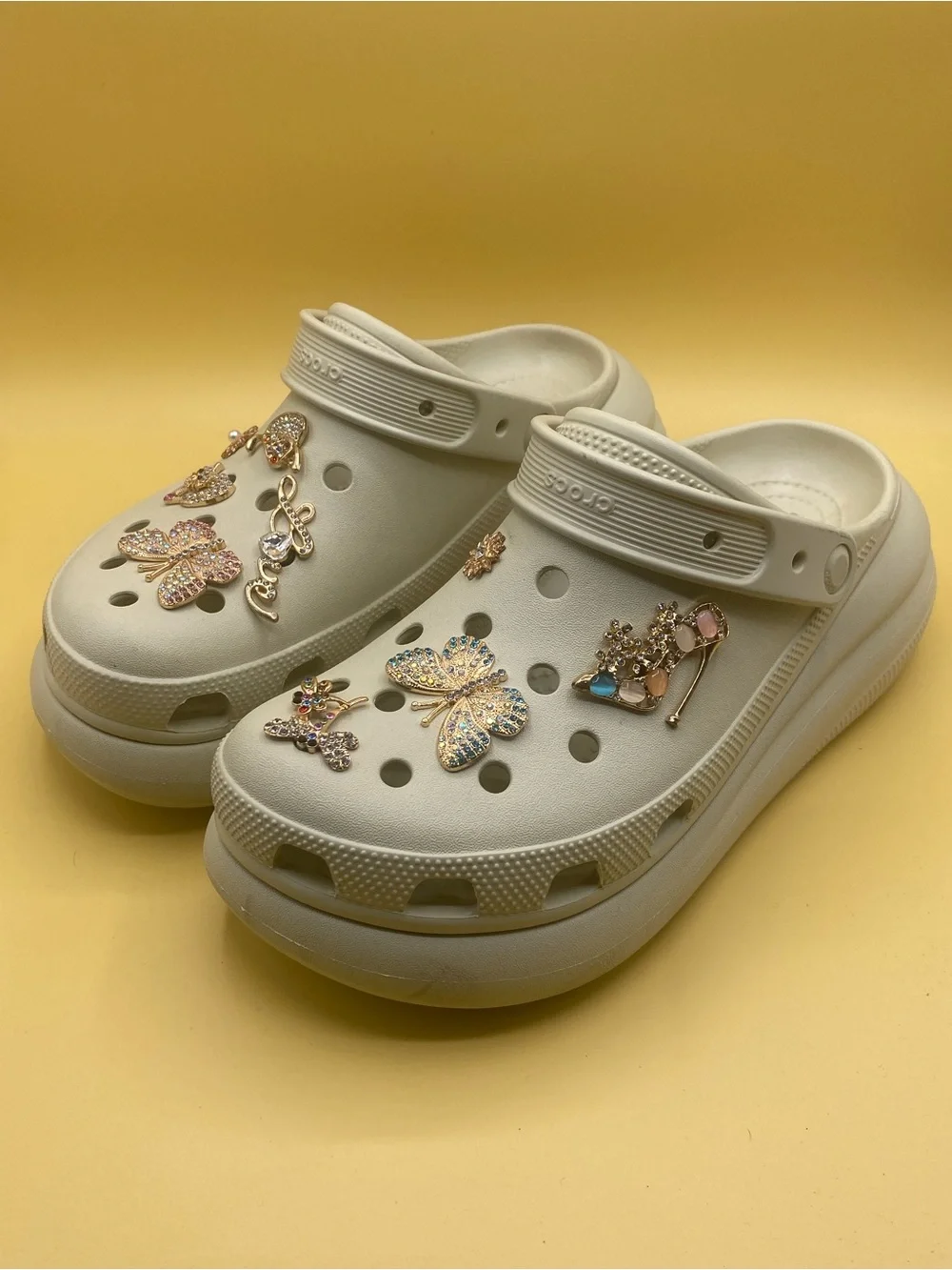 CROCS Cream Platform Clogs with Gold Butterfly Charms - Picture 4 of 4